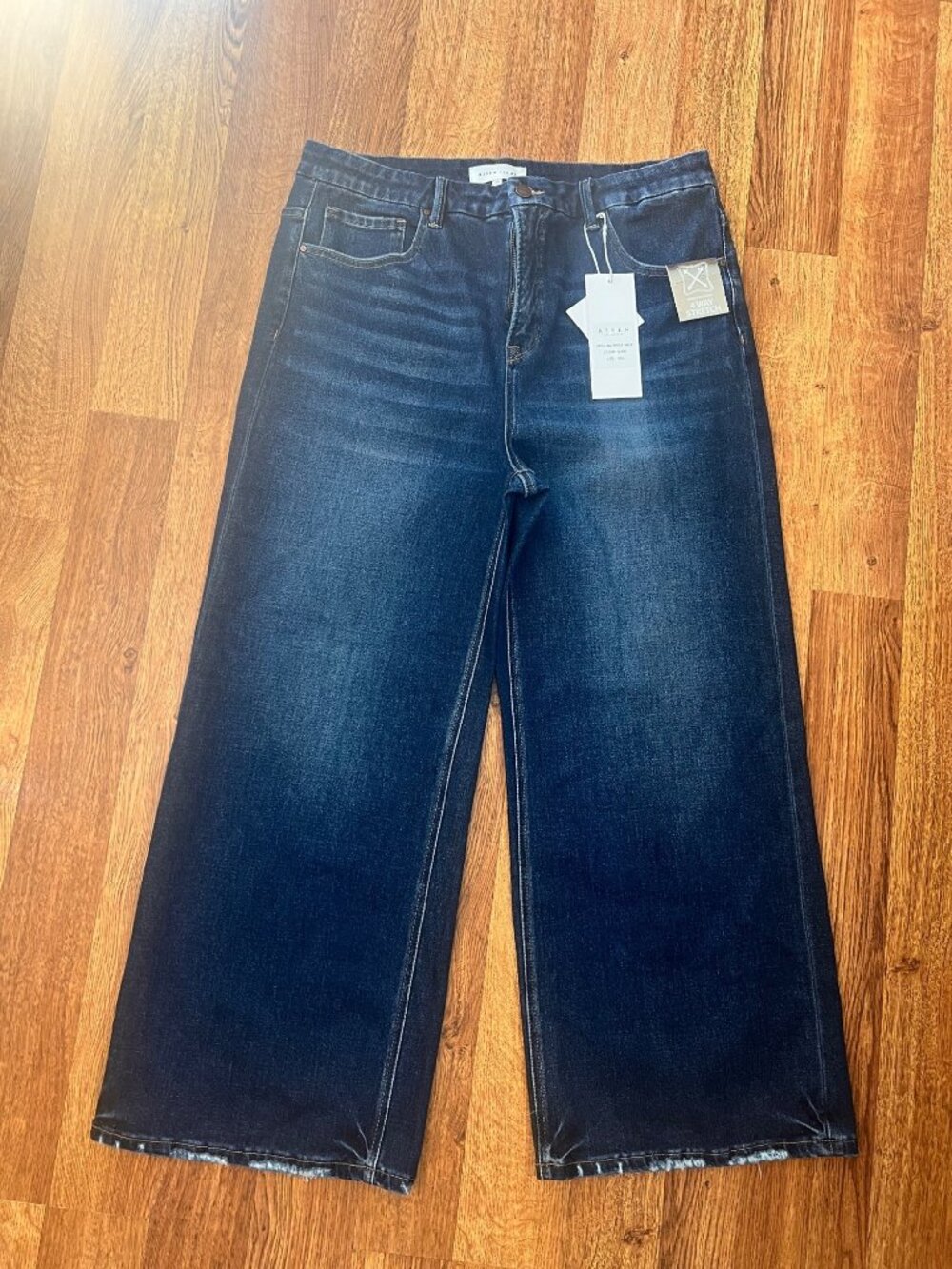 Risen Womens Dark Wash Wide-Leg Tummy Control Jeans With Frayed Hem Size 2XL